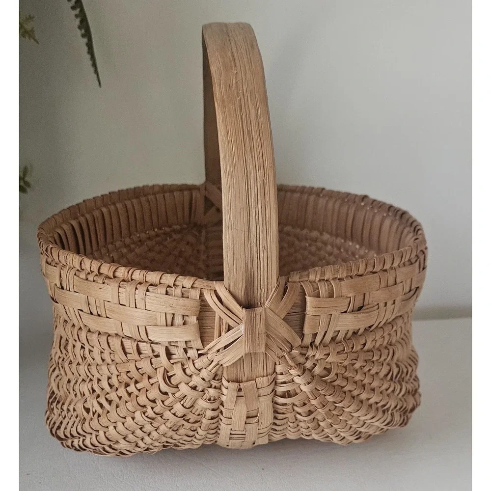 Antique Hand-Woven Gathering Basket Bentwood Handle 9